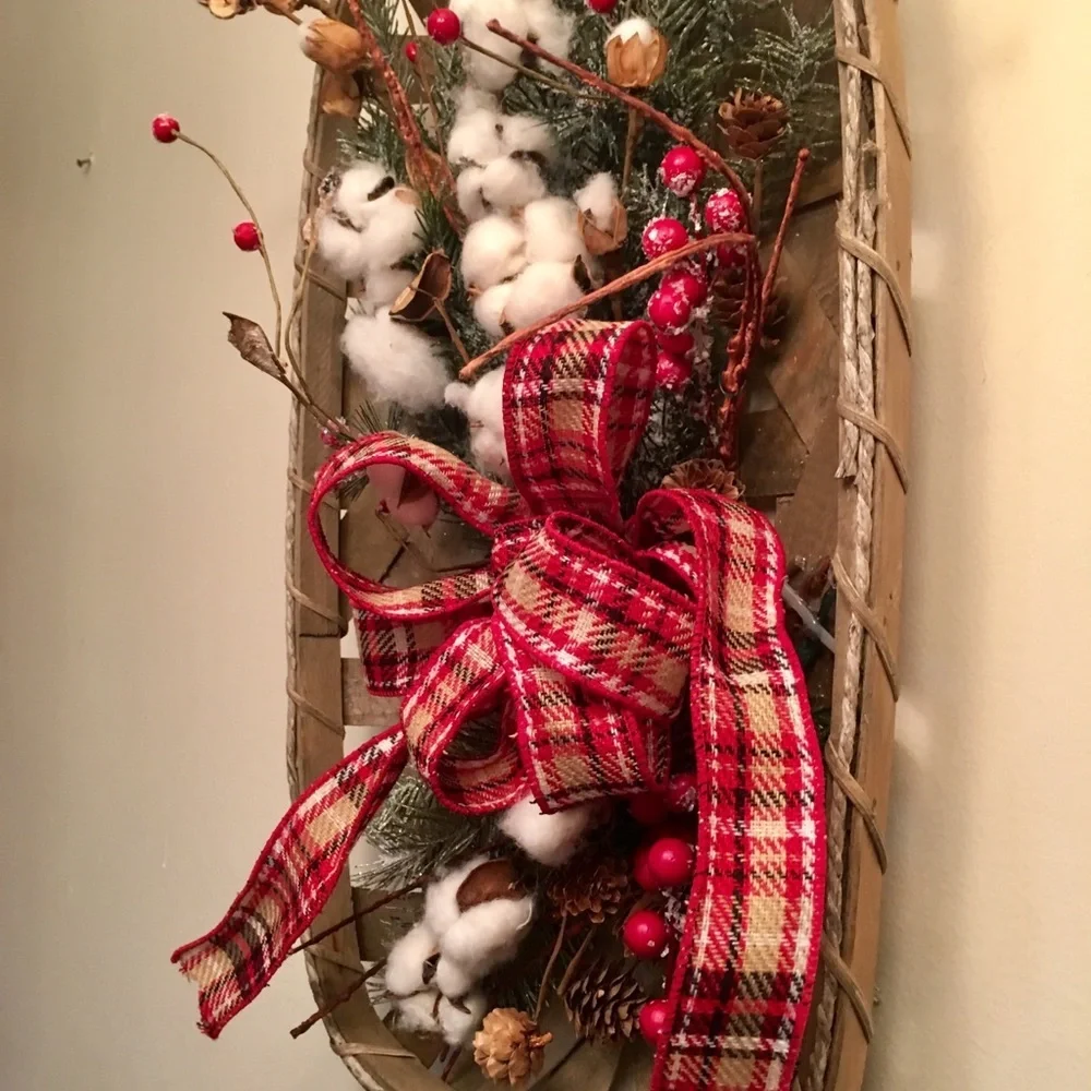 New Farmhouse Christmas Floral Plaid Rustic Winter Cotton Tobacco Basket